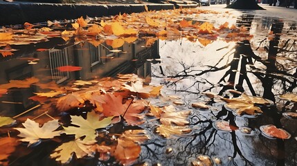 Puddles reflecting autumn foliage