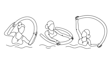 Young woman. Swimming. Water aerobics. One line