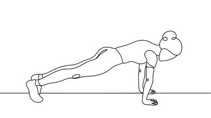 Young woman. Plank. Sport. One line