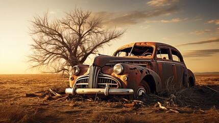 Rusty, abandoned car in countryside meadow with sunset sky. Generative AI