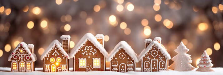 Beautiful gingerbread houses and candles on table in room decorated for Christmas, with bokeh lights, xmas tree. Christmas and New Year concept. created with Generative AI