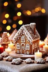 Beautiful gingerbread houses and candles on table in room decorated for Christmas, with bokeh lights, xmas tree. Christmas and New Year concept. created with Generative AI