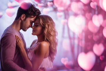 Young romantic couple hug against cosy unfocused pink hearts on background. Valentines day holiday. Romantic date. Copy scape