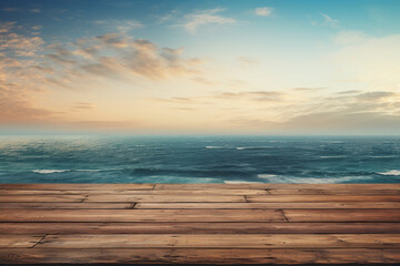 Fototapeta na wymiar An empty wooden table with the ocean behind it. AI generative