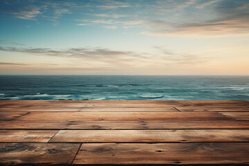 Fototapeta na wymiar An empty wooden table with the ocean behind it. AI generative