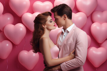 Young romantic couple hug against pink hearts on background. Valentines day holiday. Romantic date in studio - 685890230