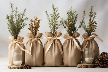 Five beige little bags tied with ribbons standing vertically on a white surface with different herbs inside of them. Natural minimalistic decors. White background. - obrazy, fototapety, plakaty