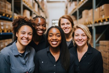 Group portrait of young and diverse women in a warehouse - obrazy, fototapety, plakaty
