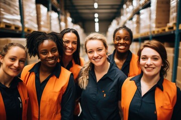 Fototapeta premium Group portrait of young and diverse women in a warehouse