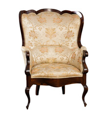 Comfortable vintage lounge armchair with carved dark wood and patterned embossed fabric upholstery...