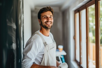 Portrait of a young smiling painter refurbishing home