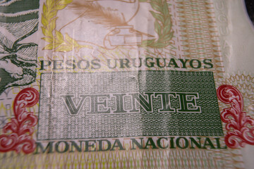 Close-up View of a 20 Uruguayan Pesos Banknote: Detailed Macro Photography