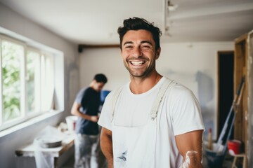 Portrait of a young smiling painter refurbishing home - obrazy, fototapety, plakaty