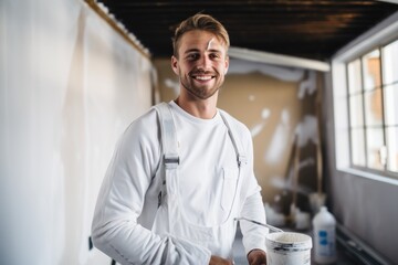 Portrait of a young smiling painter refurbishing home