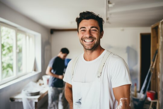 Portrait of a young smiling painter refurbishing home