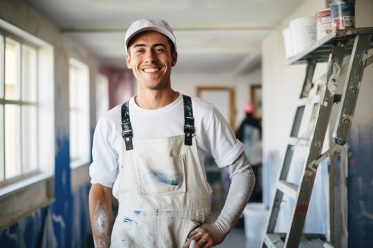 Portrait of a young smiling painter refurbishing home