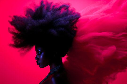 Beautiful African American Woman With Hairstyle Surrounded By Smoke On A Pink-red Background.