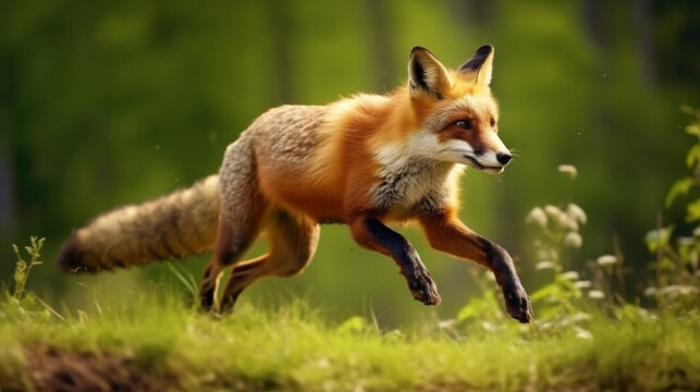 Red Fox jump hunting, Vulpes vulpes, wildlife scene from Europe Orange fur coat animal generative ai