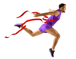 The runner wins by crossing the finish line ribbon on a white background. Sport and fitness motivation - 685893495
