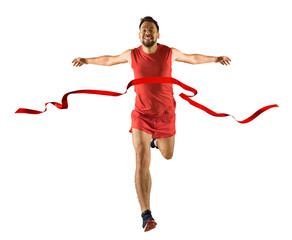 The runner wins by crossing the finish line ribbon on a white background. Sport and fitness motivation - obrazy, fototapety, plakaty