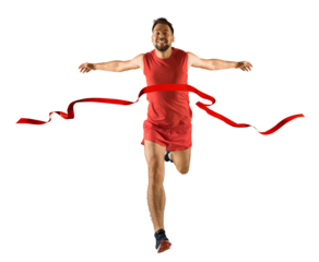The runner wins by crossing the finish line ribbon on a white background. Sport and fitness motivation