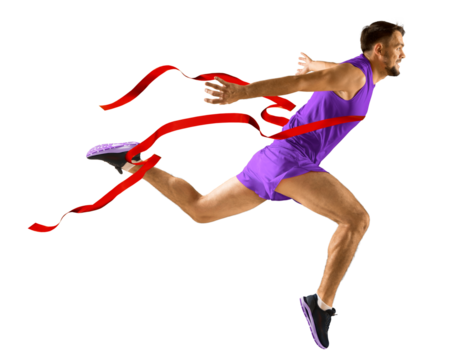 The runner wins by crossing the finish line ribbon on a white background. Sport and fitness motivation