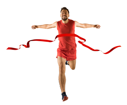 The runner wins by crossing the finish line ribbon on a white background. Sport and fitness motivation