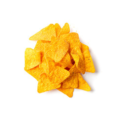 Fototapeta premium Nachos Chips Isolated, Mexican Triangle Corn Chips for Nacho Tortilla, Maize Snack, Nachos on White Background
