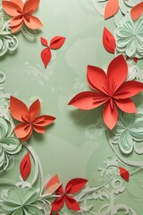 Floral elements on a basic green paper texture background. Background for party, birthday, wedding or graduation invitation card in green color with floral elements in soft art style.