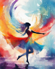 Woman dancing into water colors in a surreal scene