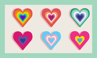 Happy Valentine's Day LGBT elements set. Romantic objects with striped hearts, rainbow, cartoon style. Trendy modern vector illustration, hand drawn