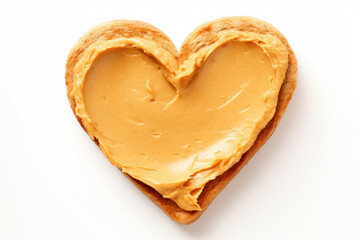 Bread toast in heart shape with peanut butter on white background. Top view. Valentines day food concept