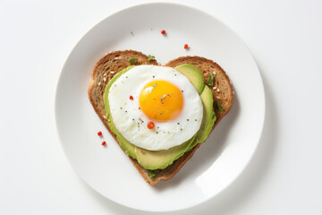 Heart shaped toast with avocado and fried egg in a plate on white background. Top view. Valentines day food concept. Festive breakfast