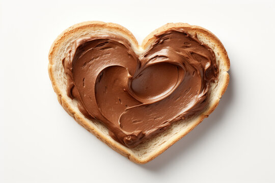 Heart Shaped Toast With Chocolate Cream On White Background. Top View. Valentines Day Food Concept