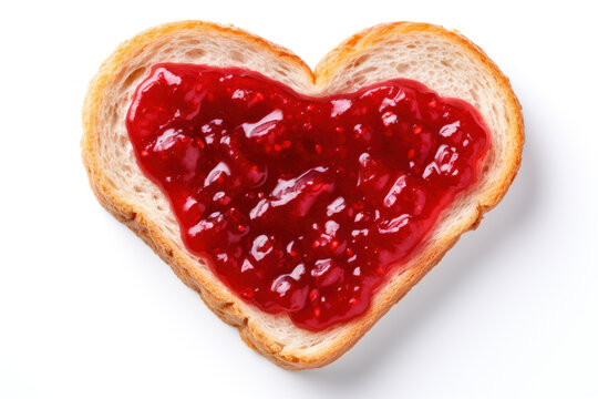 Heart shaped toast with raspberry jam on white background. Top view. Valentines day food concept