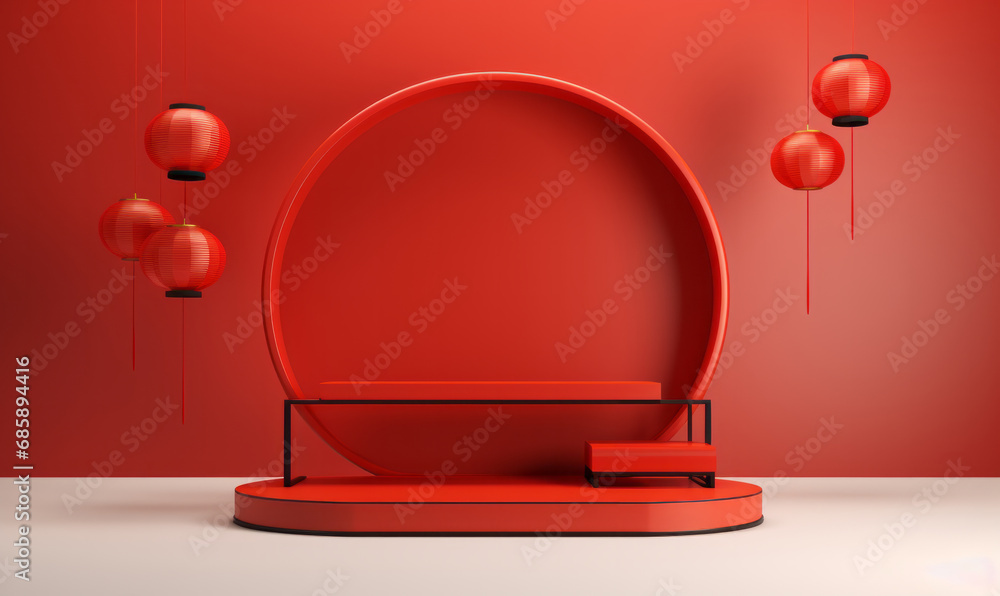 Poster an empty oriental style product display podium. asian empty mock up scene template