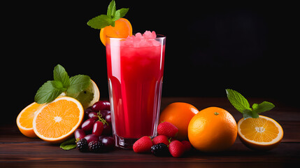un verre de cocktail de fruits rouges avec une garniture d'orange et de menthe, entouré de divers fruits tels que des oranges, des fraises et des raisins.