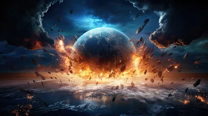 Foto op Canvas Giant meteorite impacts on earth, asteroid in collision with earth, comet crash, earth destruction © vejaa