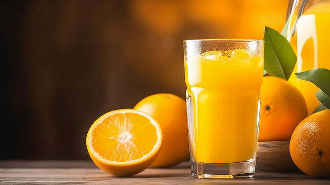 Un verre rempli de jus d'orange frais, entouré de plusieurs oranges entières et d'une orange coupée en deux, sur une table en bois.