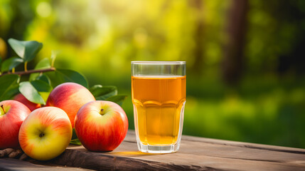 Un verre de jus de pomme posé sur une table en bois à côté de pommes fraîches.