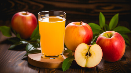 Un verre de jus de pomme posé sur une table en bois. Autour, des pommes fraîches dont une coupée en deux.