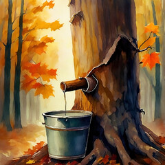 Bucket collecting  sap from sugar maple tree