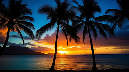 Lagoon Silhouettes: Illustrate the silhouettes of palm trees against the backdrop of a stunning sunset over the Blue Lagoon, creating a magical and serene scene