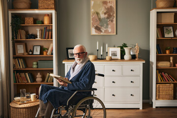 Elderly man in wheelchair reading a book at home