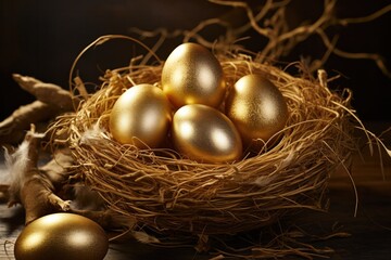 Golden Eggs in the Nest on Dark Background