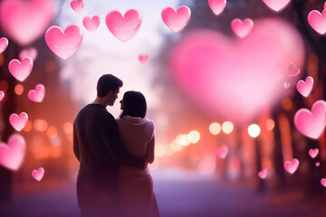 Silhouette of romantic couple hug in the park outdoors. Valentines day holiday. Romantic date