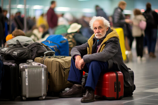 Old man waiting in airport. Senior couple waiting for boarding inside airport. Generative AI content.