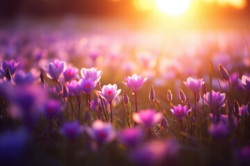 Naklejka premium Purple flowers in the field in sunlight.