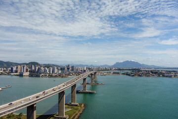 Fototapeta na wymiar panoramic of the Third Bridge, Terceira ponte, in Vitoria, ES, Brazil. Cityscape as backdrop