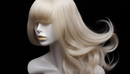 Natural looking blonde wig on white mannequin head. Long hair on the plastic wig holder isolated on black background, front view woman design